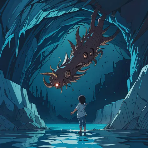 (best-quality:0.8), (best-quality:0.8), perfect anime illustration, a horrifying monster found in the caves by the lake