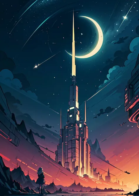 <lora:add_detail:0.6>
((masterpiece)), (best quality), (ultra detailed), (digital), futuristic city, abstract architecture, mountains, nighttime, moons, stars, anime style, intricate, elaborate detail, ((vivid)) colors, high saturation