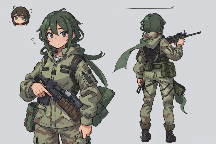 (best quality:0.8) perfect anime (character reference:1.2) illustration, the sniper, camo ghilli suit, concept art, multiple angles