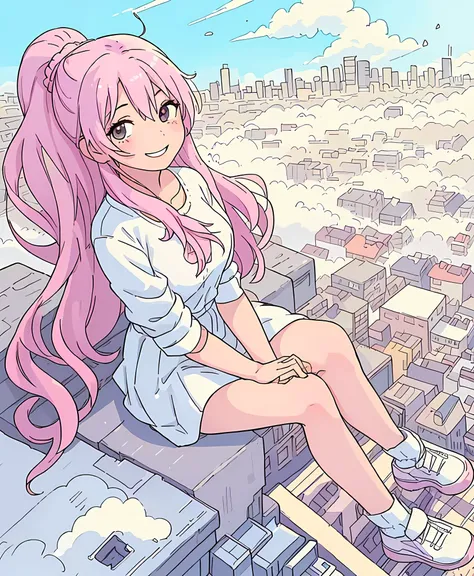 (best quality:0.8) perfect anime illustration, a pretty, a sweet smile  women, sitting on the very high cloud, (city below:1.2)