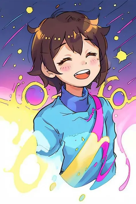 frisk undertale, 1male, solo, brown hair, short hair, closed eyes, brown eyes, blue and pink striped sweater, blue and pink striped shirt, yellow skin, happy mouth, v arms