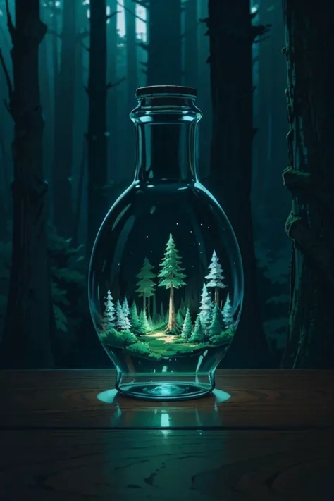 (best-quality:0.8), (best-quality:0.8), perfect anime illustration, (An intricate forest minitown landscape trapped in a bottle), atmospheric oliva lighting, on the table, 4k UHD, dark vibes, hyper detailed, vibrant colours forest background, epic composit...