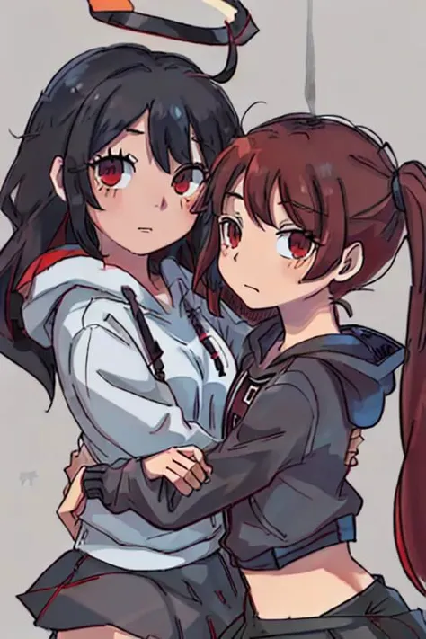 two anime girls hugging each other with a sword in the background