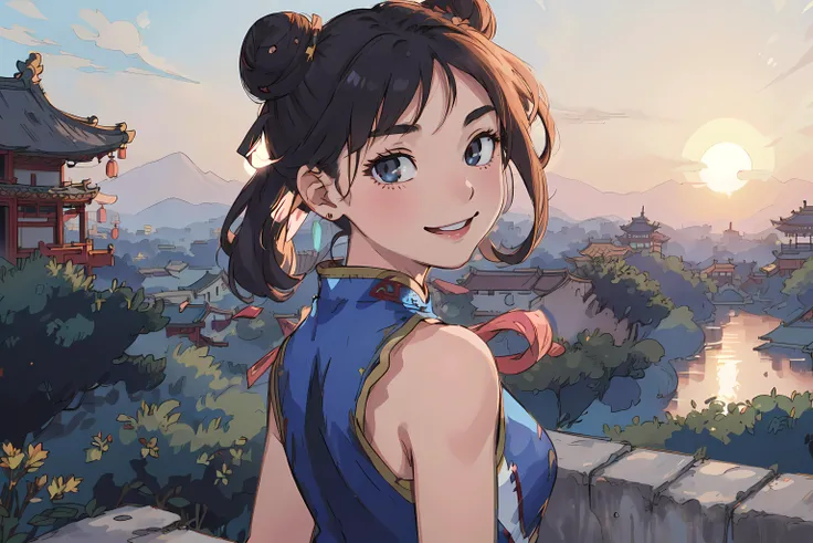 (best-quality:0.8), (1girl:1.2), (asian faces), upper body, double bun, black eyes, sparkling eyes, blue cheongsam, light smile, relaxed, closed mouth, looking back, perfect anime illustration of a landscape of a hazy and elegant [ancient chinese architect...