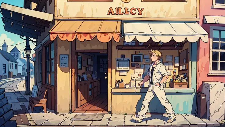 (best quality:0.8) perfect anime still frame, Ð° blond-haired (european muscular man:1.3), walking on alley, sunny day