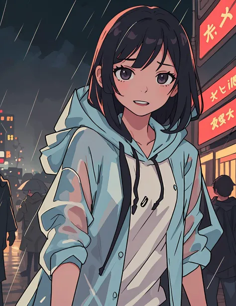 (best quality:0.8) perfect anime illustration, a pretty, a women 25 years old, (raincoat:1.4), (hood:1.5), rainstorm, big city, crowded, night