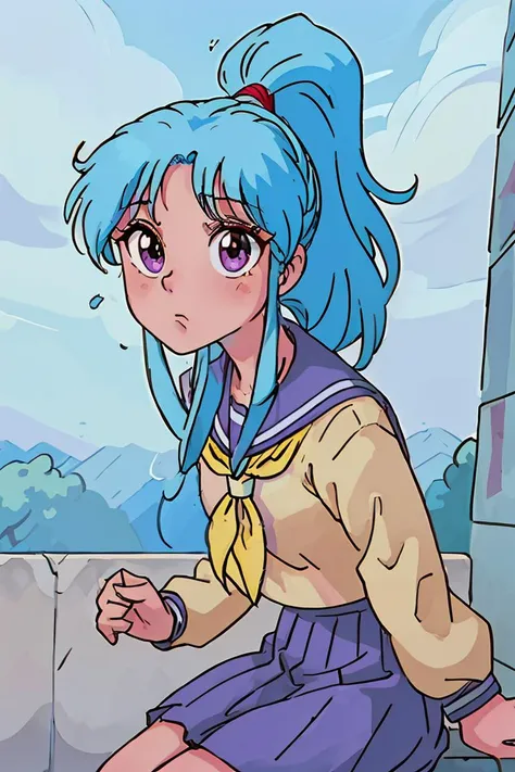 (masterpiece, best quality), 1girl,  <lora:YuYu_botan_v10:1> yuyubotan, serafuku, pleated skirt, long_sleeves, yellow neckerchief, blue hair, long_hair, ponytail, purple_eyes,