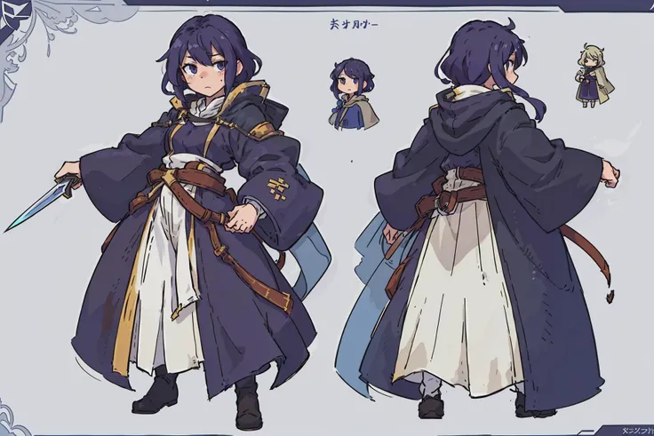 (best quality:0.8) perfect anime (character reference:1.2) illustration, the sword bearer, loose fitting cloak, concept art, multiple angles