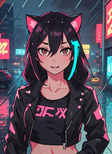 (best quality:0.8) perfect anime illustration, a women, cat ears, leather jacket, (rain:1.3), (cyberpunk:1.2), (neon:1.1)