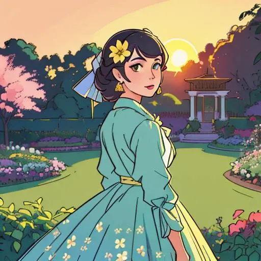 "Stylish floral dress in a garden" by Syd Mead, cold color palette, muted colors, detailed, 8k, closeup, portrait, backlit, colorful, golden hour, bloom, sun kissed