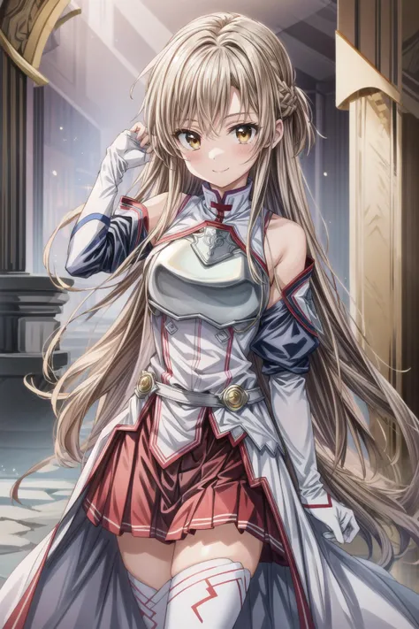 masterpiece, best quality, highres, absurdres, ultra detailed,
aaasuna, long hair, brown hair, braid, brown eyes, bare shoulders, armor, breastplate, white sleeves, detached sleeves, red skirt, pleated skirt, white thighhighs,  <lora:asuna_(sao)_v1:0.7>,  ...