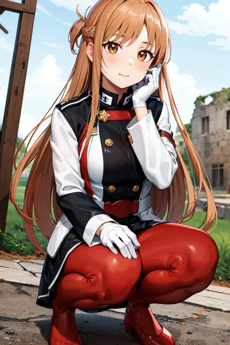 masterpiece, best quality, highres, ccasuna, long hair, brown hair, brown eyes, uniform, jacket, long sleeves, white gloves, belt, red pantyhose, <lora:asuna_(sao)_v1:0.7>, ruins, squatting,