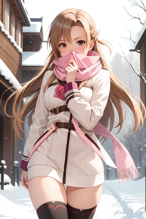 (best quality, masterpiece:1.4), (asuna yuuki:1.3), brown eyes, sword art online,  brown hair, thighs, winter, winter clothes, outside,