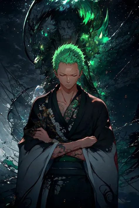 Highly detailed, High Quality, Masterpiece, beautiful, <lora:DarkIncursioStyle:1>, night, (dark environment),  sky, cloud , <lora:LAS:0.7> ,ocean,  water reflection from sky,  zoro, solo, short hair, closed eyes, concentration,  upper body, male focus, ear...