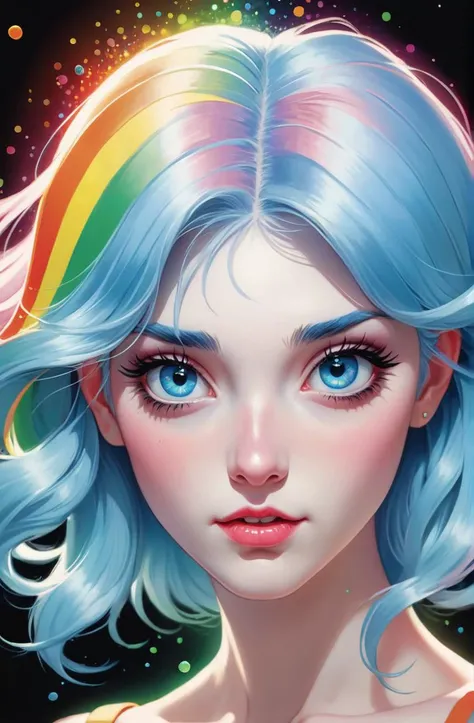 seemly 20 years old young woman, by Go Nagai and Paul Lehr and John James Audubon, sparkling eyes, blush, Pale Blue hair, vivid, colorful, rainbow eyes,