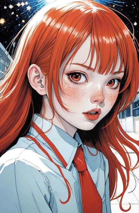 zingy 21 years old young woman, by Shintaro Kago and Dustin Nguyen, sparkling eyes, blush, redhead,