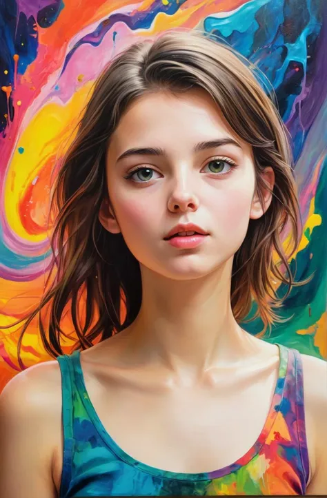 a painting of a woman with a colorful background