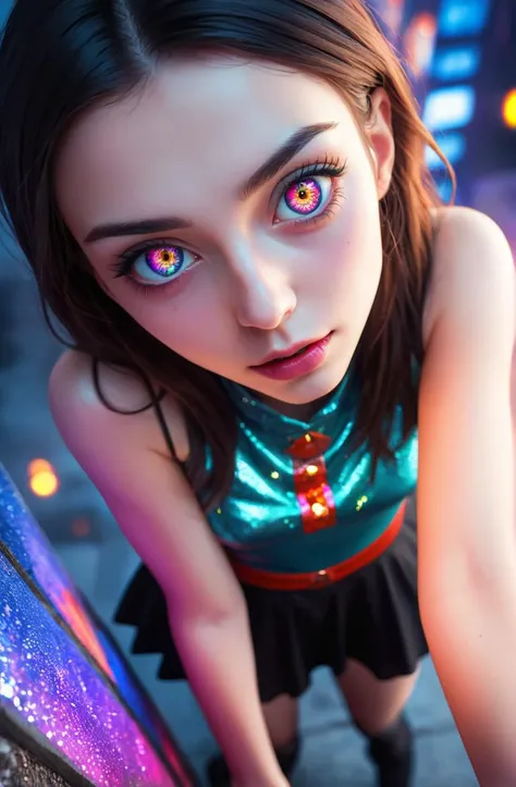 evil young woman, vivid, colorful, atmospheric, sexy, semirealistic, sparkling eyes, giantess, [Burkinan], high angle,