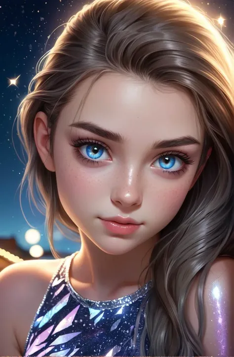 (beautiful scene, shine, glimmer, glitter, night), 18 years old Canadian young woman, sharp, highly detailed, (semirealistic), cute eyes, soft skin, sexy,