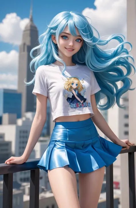 my beautiful girlfriend  with long flowing bright blue hair, a very beautiful young anime cute girl, full body, long wavy blond hair, sky blue eyes, full round face, short smile, fancy top, miniskirt, front view, medium shot, mid-shot, highly detailed, cin...