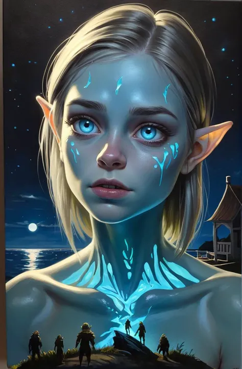 (inexplicable scene, bioluminescence, night), Goblins, 20 years old Estonian young woman, sharp, detailed, semirealistic,  oil painting, trending on artstation, smooth, sharp focus