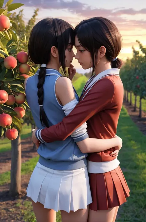 making out, 2girls, lesbians, yuri, tender hugging, beautiful anime girl, hyperdetailed photorealism, sexy outfit, orchard, evening, high angle,