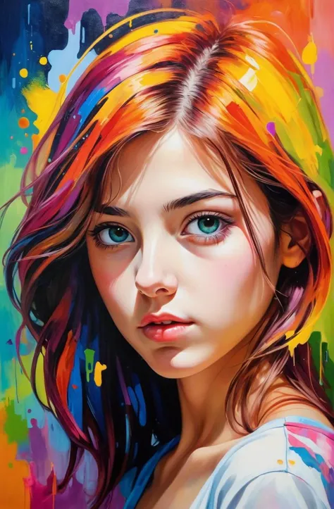 a painting of a girl with colorful hair and blue eyes