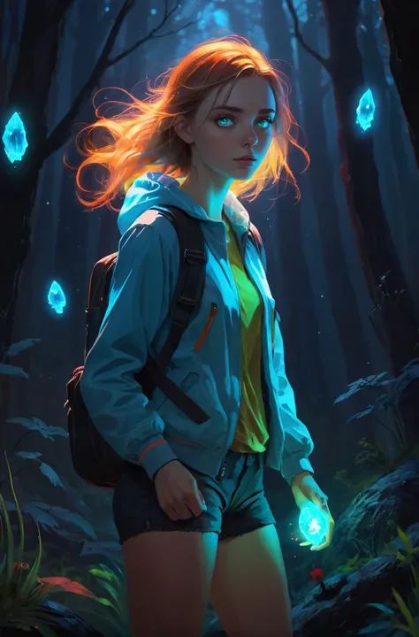 21 years old Russian young woman exploring a bioluminescent unknown world, semirealistic, colorful, vivid, sparkling eyes, bashful, full body, 
 by greg rutkowski, artstation