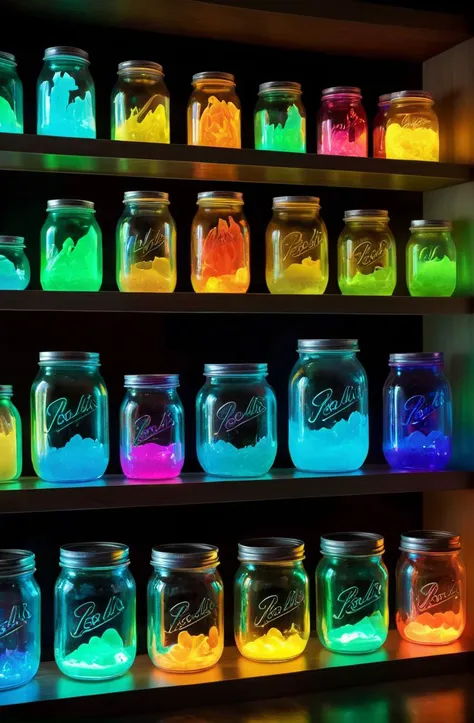 a close up of a shelf with jars of different colored lights