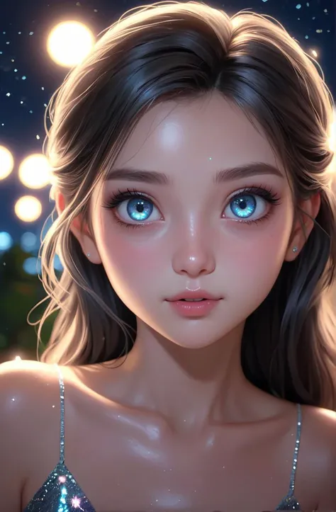 (beautiful scene, shine, glimmer, glitter, night), 21 years old Stateless young woman, sharp, highly detailed, (semirealistic), cute eyes, soft skin, sexy,