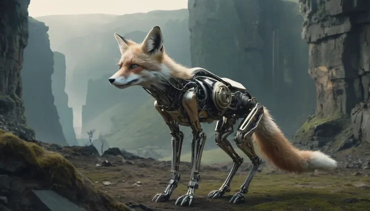 a fox with a robotic body standing in a rocky area