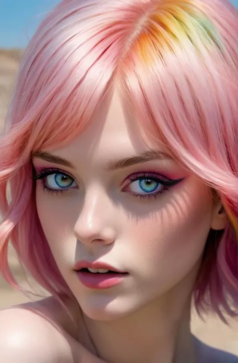 seductive 22 years old young woman, by Gai Qi and Milo Manara and Richard Misrach, sparkling eyes, blush, Rosy Pink hair, vivid, colorful, rainbow eyes,