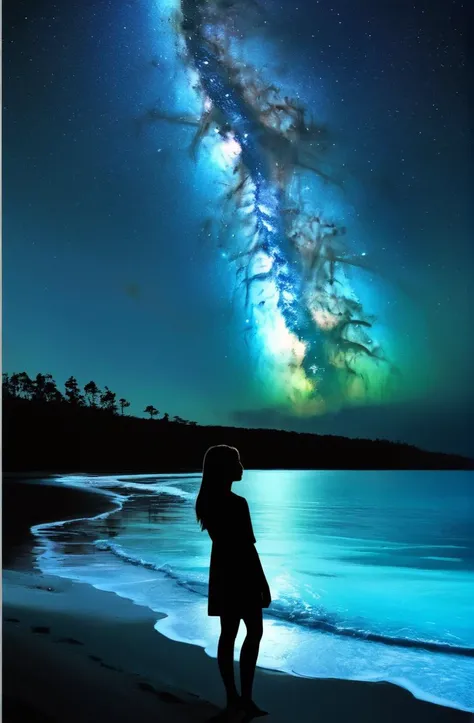 serene scene, bioluminescence, night, 20 years old Vincentian young woman,