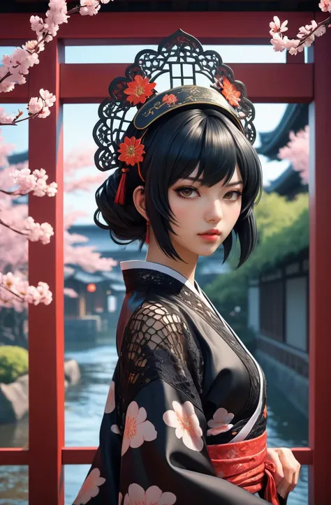 a woman   as a gate in japan, wearing a headpiece made of black lace and silk with intricate floral patterns, touhou character illustration by ross tran, masamune shirow, kuvshinov, artgerm, intricate, photorealistic, octane render, rtx, hdr, unreal engine...