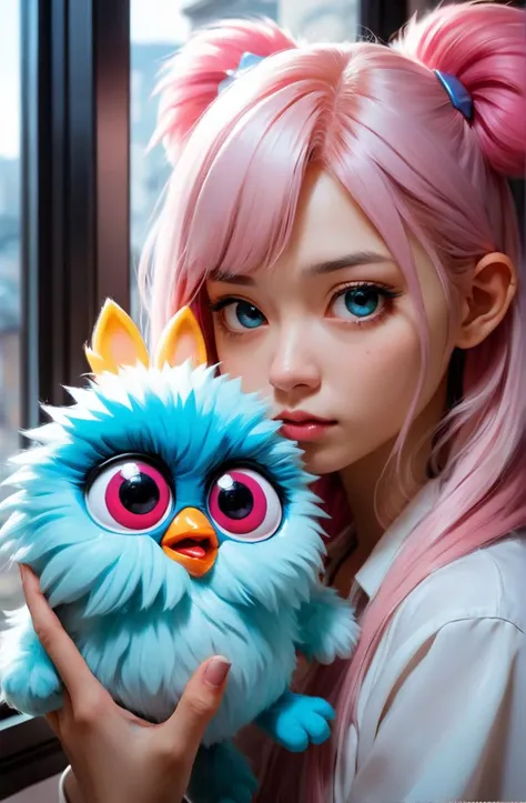 a young woman with her pet furbys, oil painted onto transparent glass by ross tran, katsuhiro otomo, yoshitaka amano, and artgerm. 3 d shadowing effect!!!, 8 k resolution!!!  ikata sakamoto