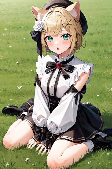 masterpiece, best quality, highres, bbnoah, short hair, animal ears, beret, black headwear, hair flower, white rose, hairclip, black bowtie, brooch, white shirt, black dress, long sleeves, puffy sleeves, black skirt, <lora:kurumi_noah_v1:0.7>, grass, :o. w...