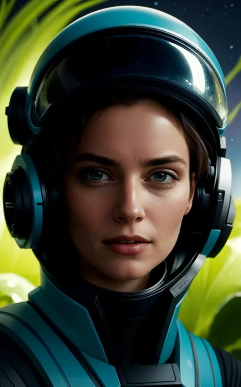 A woman space explorer explores a lush alien planet, surrounded by bioluminescent flora and floating rivers, her suit blending with the environments vibrant hues. (close-up telephoto charming cute sexy portrait, style of [Hasselblad|Ilya Kuvshinov|Annie Le...