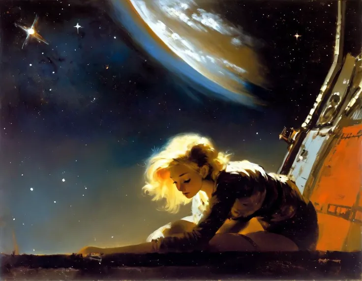 r3mbr4ndt, Oil painting of full body, profile view of Blonde, floating weightless, space station, looking outside towards earth, short shorts, she is melancholic, and is thinking of her family back on earth.  <lora:r3mbr4ndt_001:1>