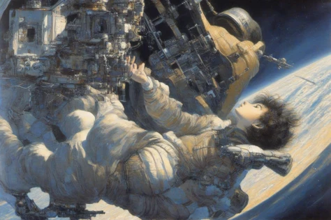 r3mbr4ndt, oil painting profile view of woman, art by Masamune Shirow, floating weightless, space station, looking outside towards earth, she is melancholic, and is thinking of her family back on earth.  <lora:r3mbr4ndt_001:1.0>