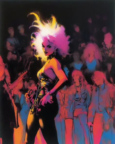 <lora:r3mbr4ndt_001:1> r3mbr4ndt. Charcoal Drawing. Full body shot of Jem and the Holograms, performing on stage, Spotlights and bright music show lights, silhouetted crowd of people around the photographer, Jem singing on a mic, and her band mates in the ...