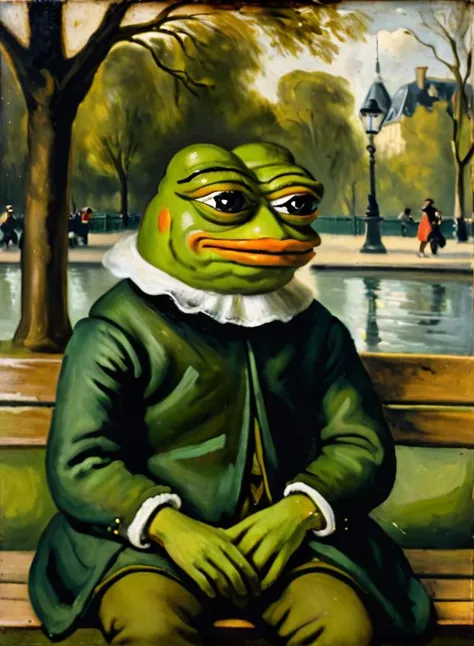 r3mbr4ndt, oil painting portrait of a pepe frog sitting on a park bench in paris 17th century,Frans Hals ,Gerrit van Honthorst, smooth brushstrokes, moody, Rembrandt-style lighting, high contrast, vintage <lora:r3mbr4ndt_001:1> <lora:pepe_frog SDXL:1>