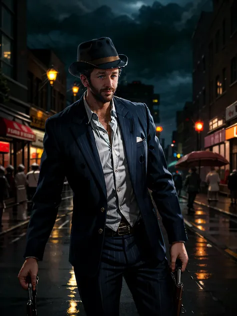 1boy, dark scene, (cowboy shot of Chris ODowd), pinstripe suit, fedora, tommy gun, 1930s, prohibition era, (realistic:0.8), (mid motion|speed lines:0.25), night city, (mist), particles, (light rain), male focus, night, outdoors, rain, serious, dark atmosph...