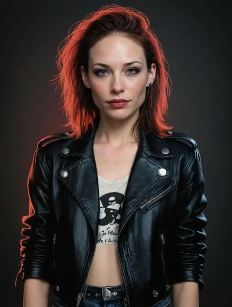 a woman with red hair wearing a black leather jacket