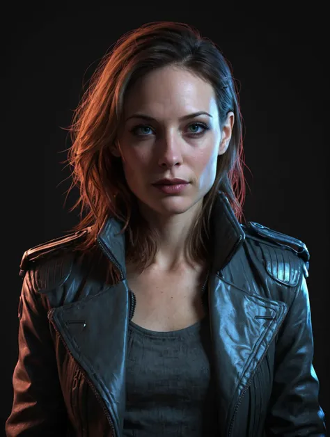 a close up of a woman in a leather jacket posing for a picture