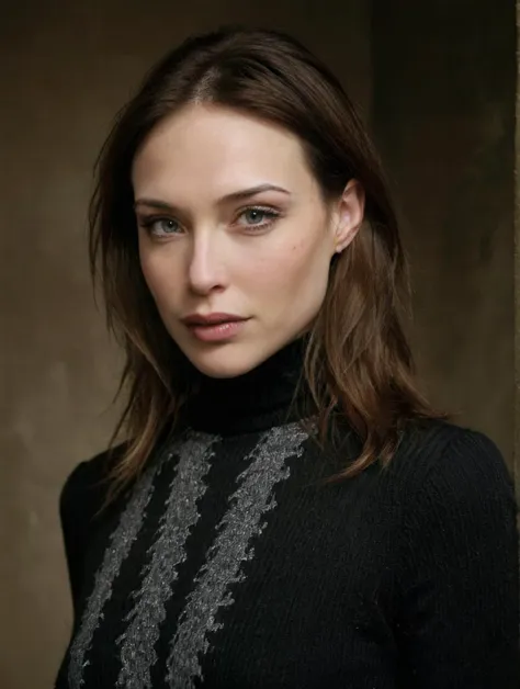 a woman with long hair and a black sweater posing for a picture