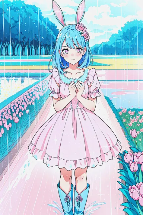 anime girl in pink dress standing in rain with pink flowers