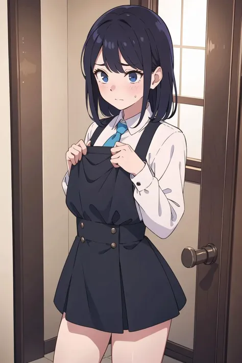 a woman in a school uniform is standing in front of a door