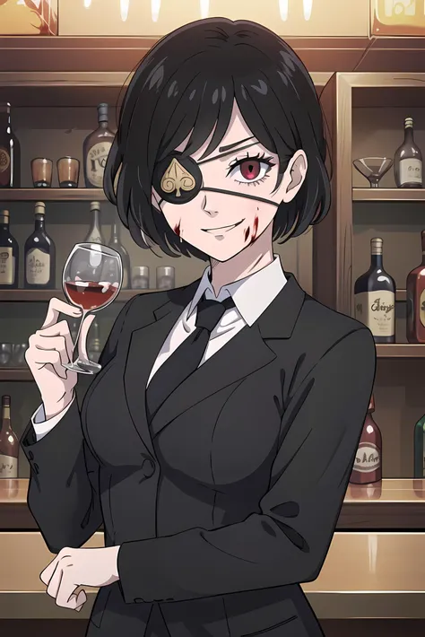 pikkyvanica, 1girl, black hair, solo, red eye, eyepatch, one eye covered, black suit, white collar shirt, black necktie, standing, dark, depth of field, bar, dark bar, (blood), smirk, looking at viewer <lora:Vanica:0.75>
