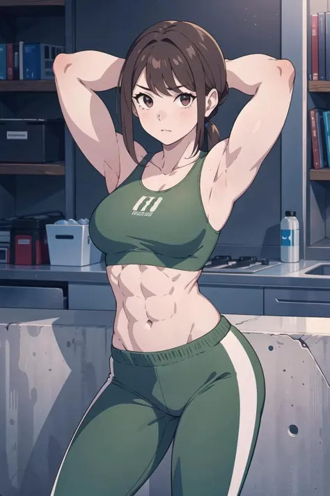 best quality, masterpiece, 1girl, brown hair,  muscular female, abs, biceps,