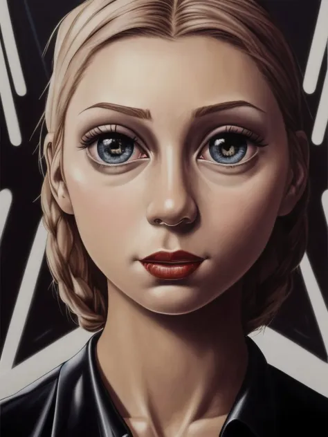 a painting of a woman with blue eyes and a black shirt